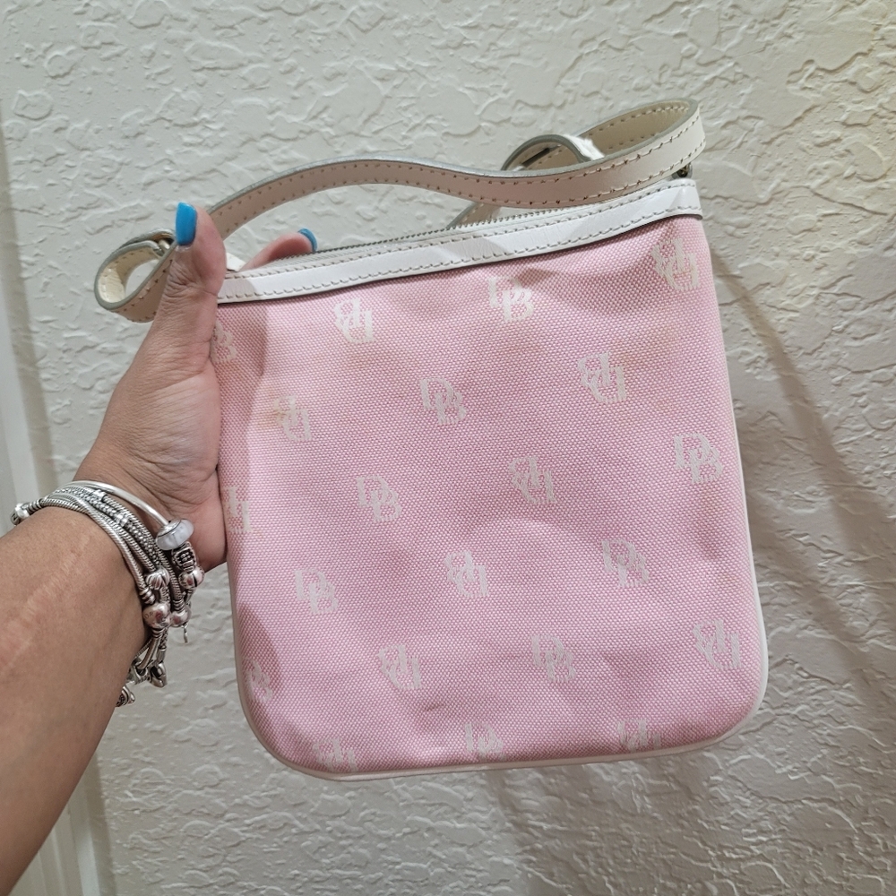Dooney & Bourke Canvas Letter Carrier Pink & White Monogram Crossbody - Picture 3 of 13